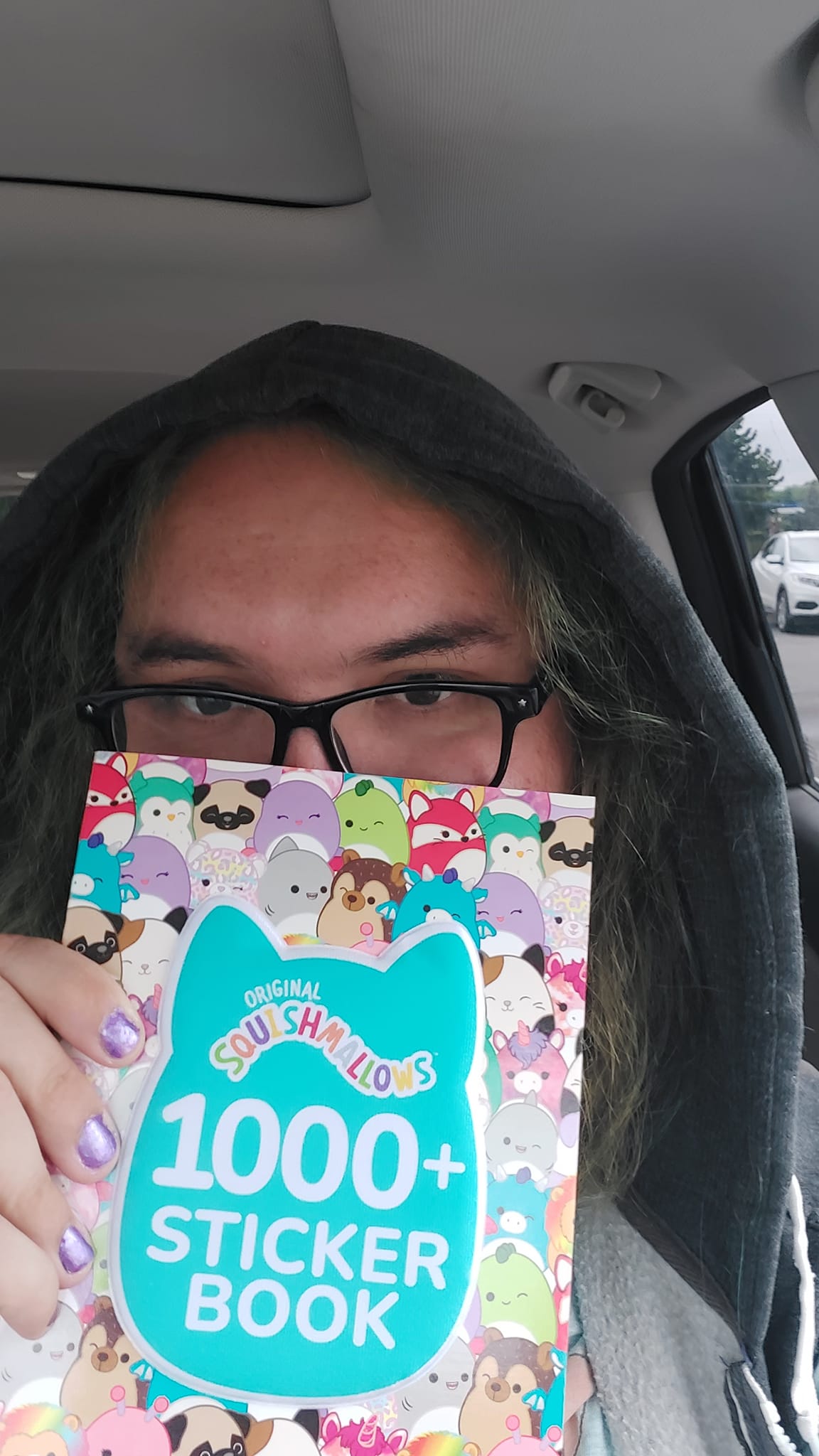 A man with long green hair and no beard sits in a car showing off a Squishmallow sticker book